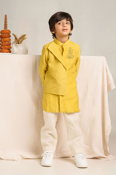 Yellow embroidered kurta and jacket set