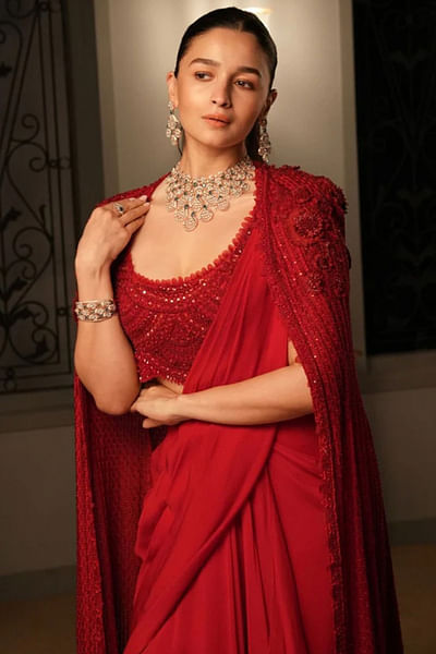 Red pre-draped sari set