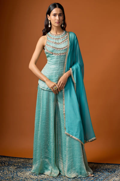 Green embroidered kurta palazzo set