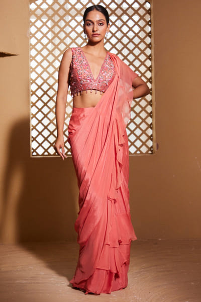 Rose gold pink pre-draped sari set