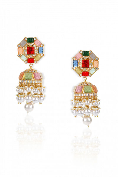 Multicoloured kundan jhumkas