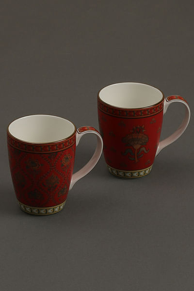Red floral mugs-Set of 2