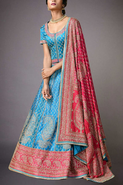 Turquoise and pink lehenga set