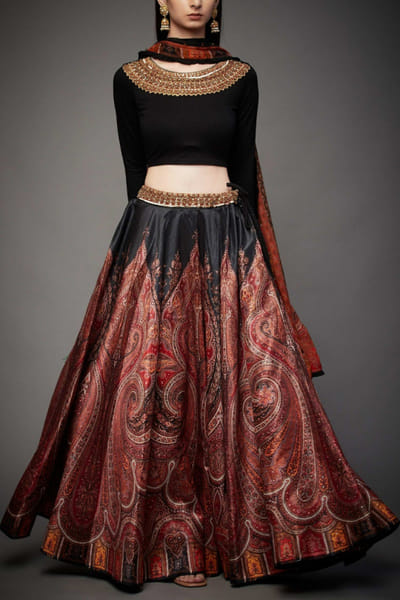 Black and red jamawar lehenga set