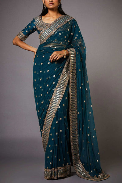 Deep teal embroidered sari