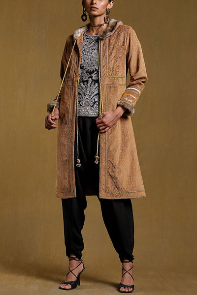 Brown embroidered fur jacket