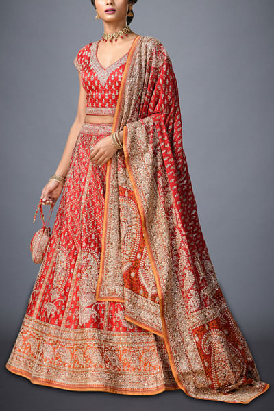 Red embellished lehenga ensemble