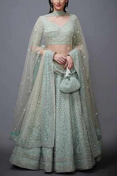 Aqua pearl embellished lehenga set