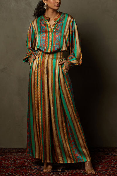 Emerald and mustard embroidered cord set