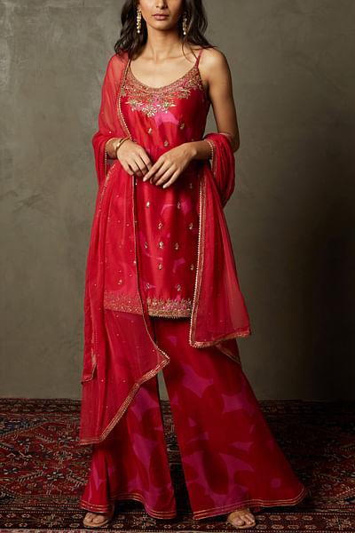 Pink and red embroidered kurta set