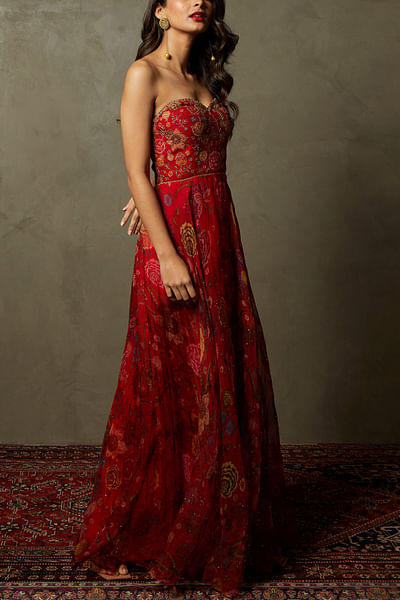 Red embroidered silk organza gown
