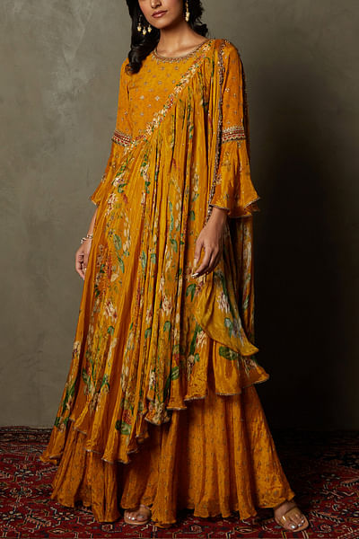 Mustard embroidered dress with cape