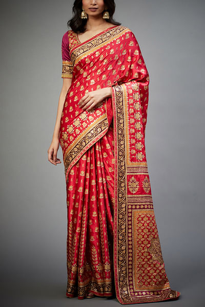 Red embellished sari set