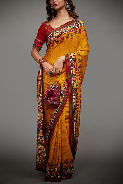 Mustard embroidered sari set