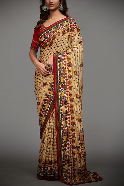 Multicolour embroidered sari set
