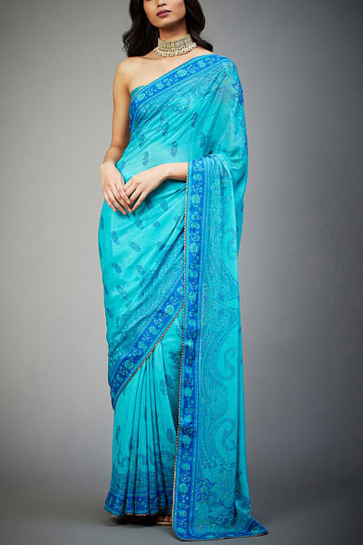Turquoise phulkari sari