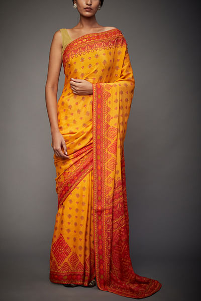 Yellow and orange phulkari sari