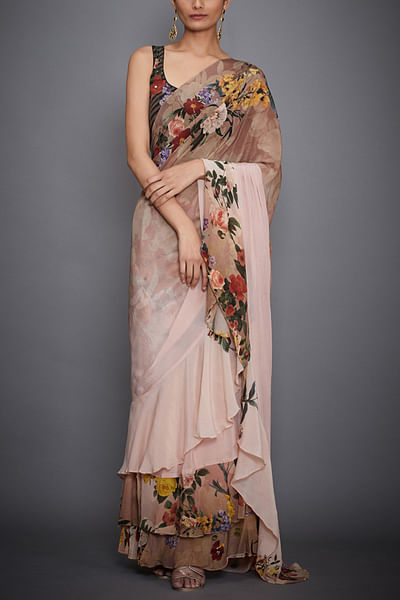 Peach floral ruffle sari
