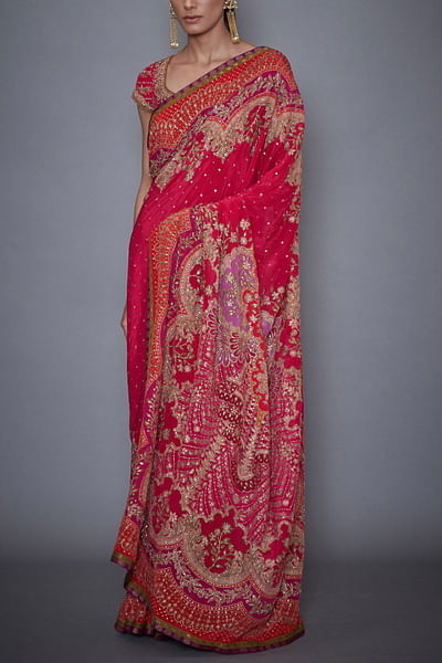 Red and fuschia printed sari