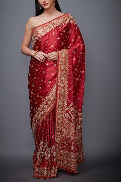 Red and saffron embroidered sari