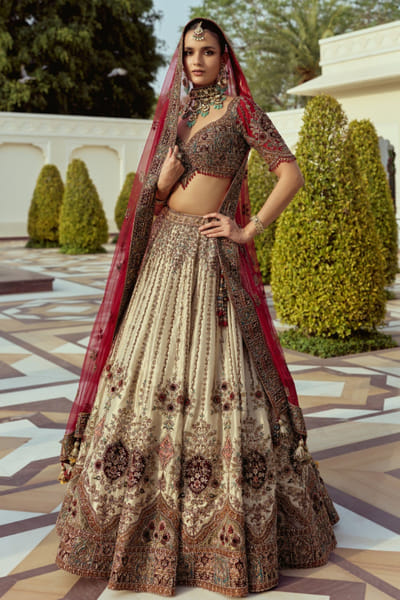Roqa Gold and red floral embroidered lehenga set ROQAJUL26D150676