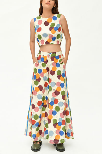 Multicolour polka print crop top pants set