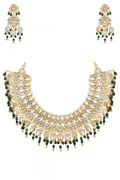 Emerald and white jadtar necklace set