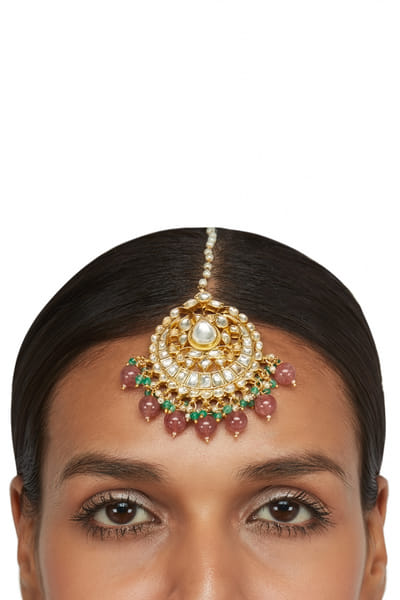Riana Jewellery Green and pink beaded maang tikka RJEAUG20RH119