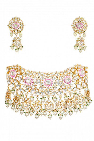 Pink and white meena choker necklace set