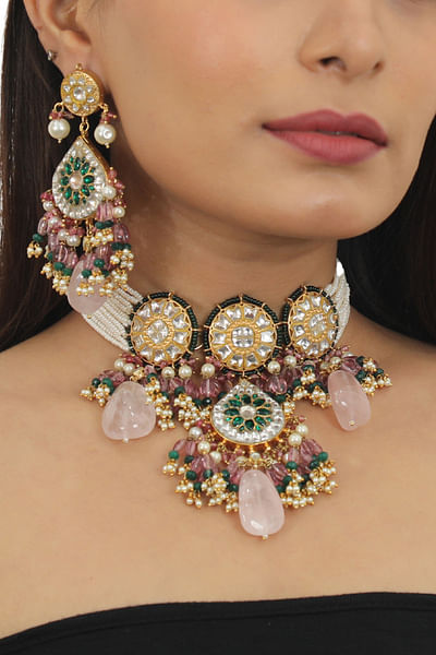 White and green stone embellished choker set