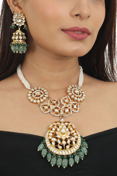 Sea green stone embellished long necklace set