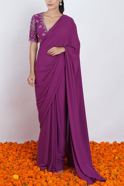 Purple embroidered draped sari set
