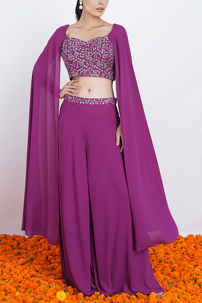 Purple embroidered blouse and palazzo set