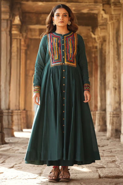 Purvi doshi Dark green ikat woven and embroidered kurta PURVJUN26D147949