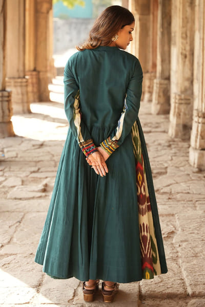 Purvi doshi Dark green ikat woven and embroidered kurta PURVJUN26D147949