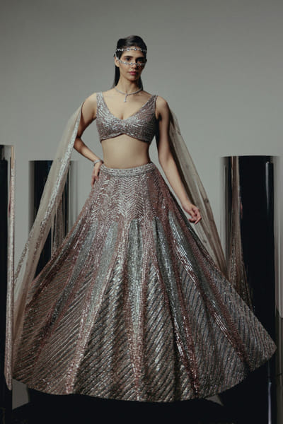 RA'KAIRA Metallic silver hand embellished lehenga set RAKAMAY26D145102
