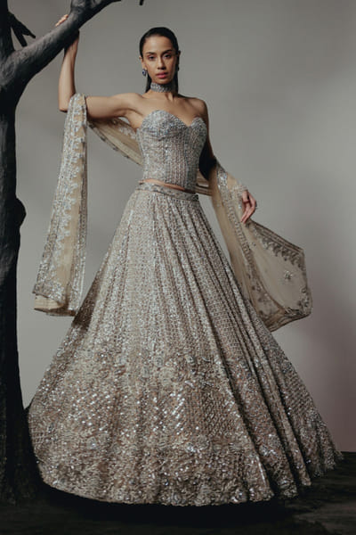 RA'KAIRA Champagne silver hand embellished lehenga set RAKAMAY26D145104
