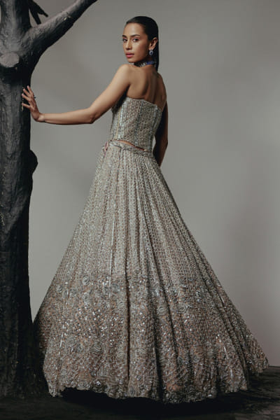 RA'KAIRA Champagne silver hand embellished lehenga set RAKAMAY26D145104