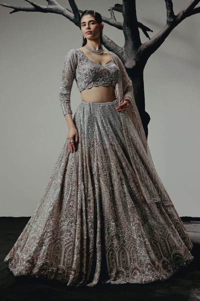 RA'KAIRA Rose-silver hand embellished lehenga set RAKAMAY26D145109