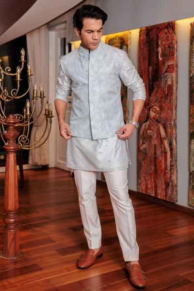 Light blue hand embroidered bandi kurta set