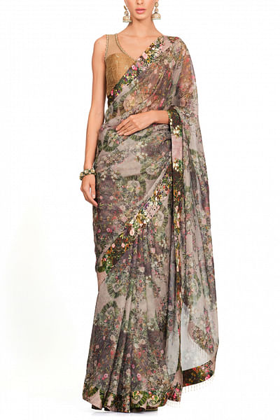 Multicolour printed sari set