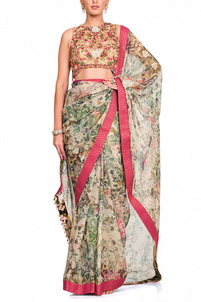Floral printed organza sari set