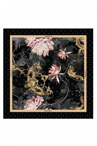 Black floral printed silk scarf