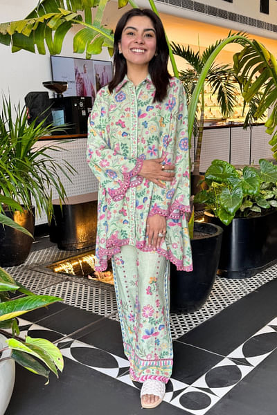 Green floral printed short kurta set