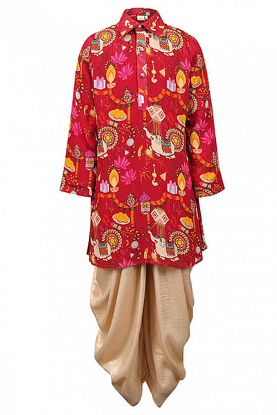 Red printed kurta and dhoti set