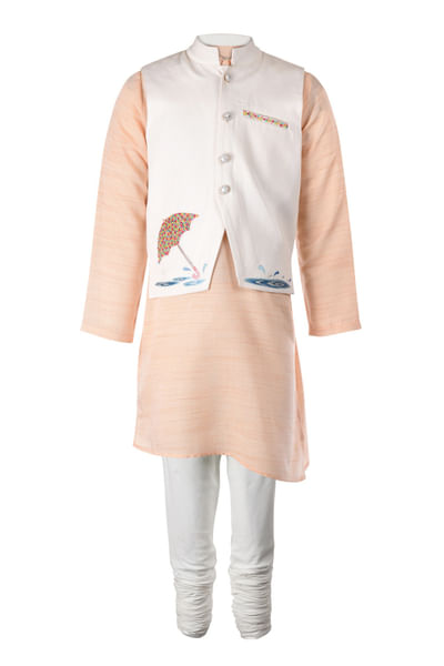 Peach kurta set with waistcoat