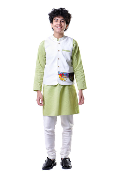 Green kurta set with waistcoat