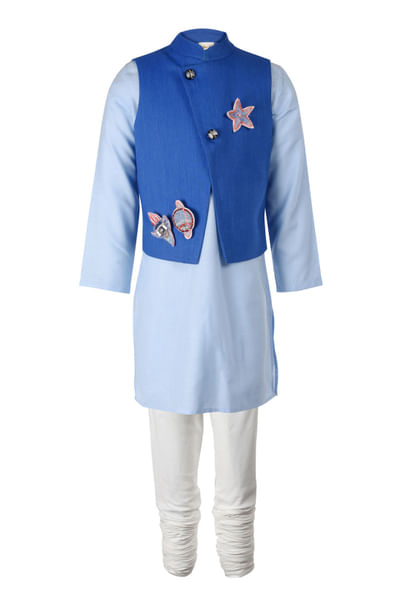 Blue kurta set with waistcoat