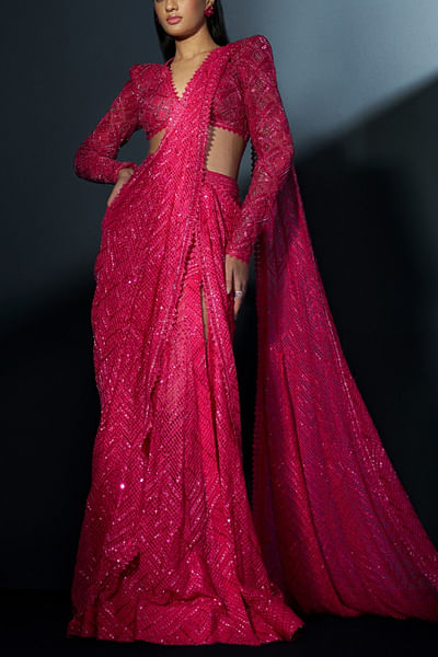 Fuchsia aztec embellished slit sari set