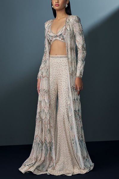 Ivory and pastel embellished jacket sharara set